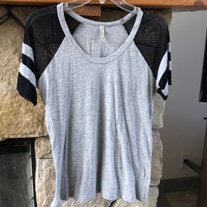 Gray Emma & Sam short sleeved top with sheer black/ gray striped sleeves, S